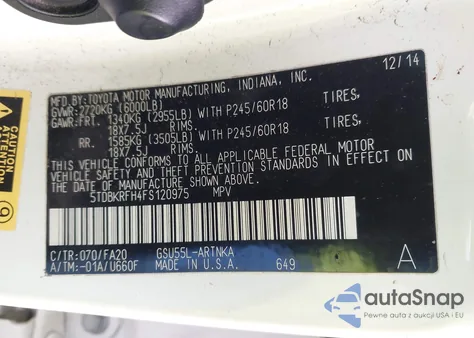 2015 Toyota Highlander Le Plus V6 from USA, damaged, VIN 5TDBKRFH4FS120975